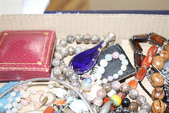 A mixed group of assorted costume jewellery including hematite necklace and two mounted glass scent bottles.